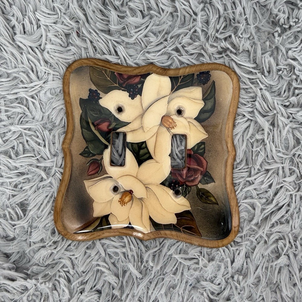 Double Toggle Switch Plate Magnolia Floral Wood Frame Country Cottagecore Decor